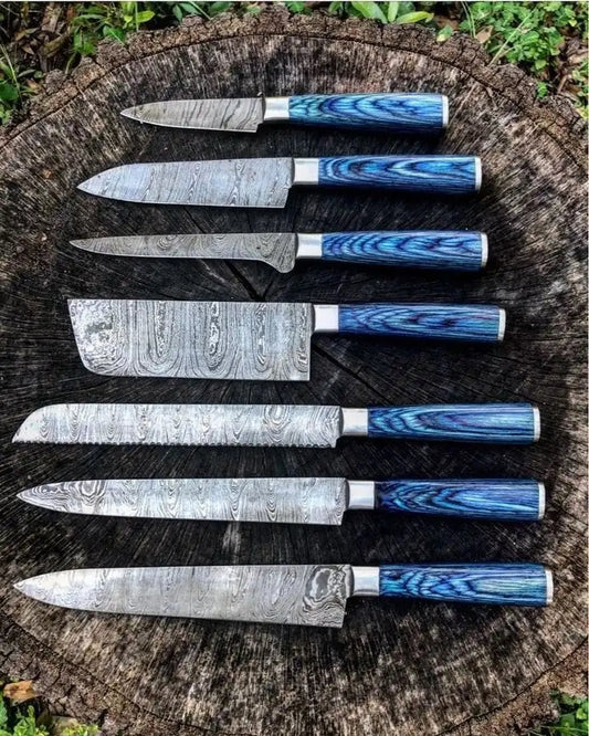 Blue-Handmade Damascus Chef Knife Set, 7 Pieces Damascus Steel Chef Knife Set, Kitchen Knife Set