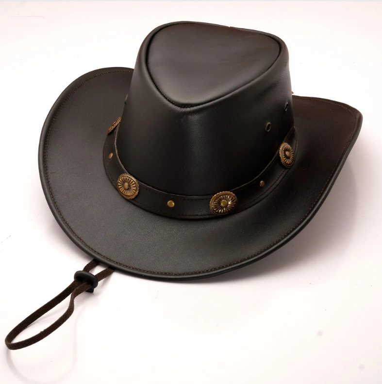 Classic Black Lather Cowboy Hat with Badge Accentmkjn