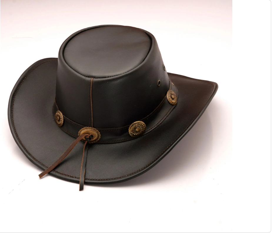 Classic Black Lather Cowboy Hat with Badge Accentmkjn