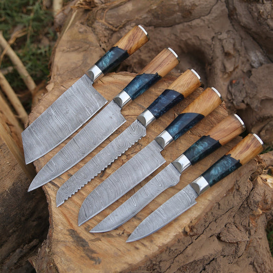Handmade Damascus Chef Knife Set, 6 Pieces Damascus Steel Chef Knife Set, Kitchen Knife Set with Leather Cover