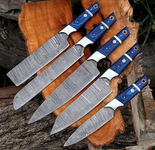 Blue - Handmade Damascus Chef Knife Set, 5 Pieces Damascus Steel Chef Knife Set, Kitchen Knife Set with Leather Cover