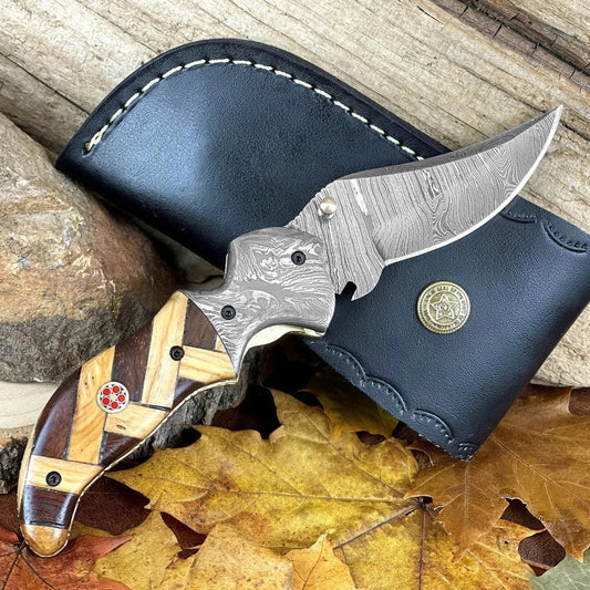 Damascus Steel Folding Pocket Knife - 7.5" Handmade Olive & Dark Wood Handle - Camping Pocket Knife